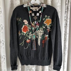 JOHNNY WAS * 4 Love & Liberty Charcoal Embroidered Lightweight Sweater